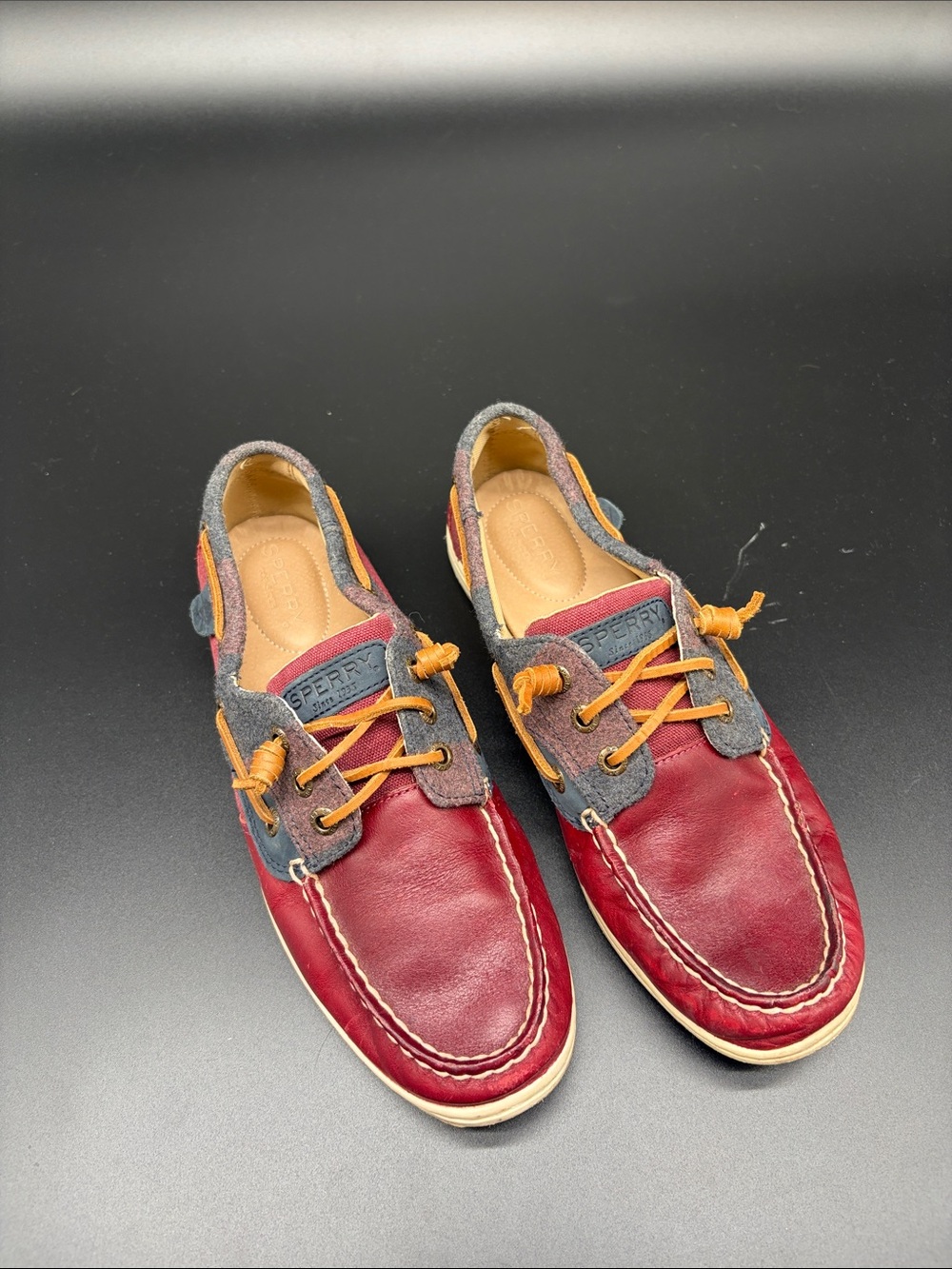 Sperry Red Leather and Gray Fabric Lace-Up Boat Shoes with Tan Laces